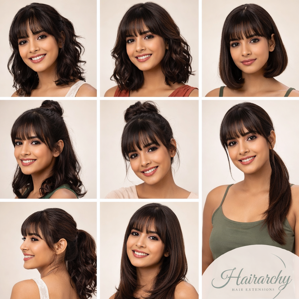 “Collage of seven Indian women with thin hair styling clip-in bangs in different trendy hairstyles, featuring soft waves, bob cut, half-up, bun, ponytail, and straight layered looks, with Hairarchy Hair Extensions logo.”