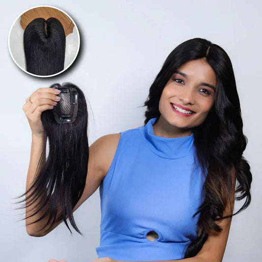 Hair topper for women made with 100% human hair for covering thinning hair and adding natural volum