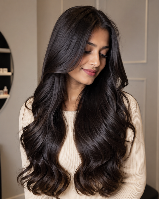 Indian woman with long, shiny natural black hair showcasing permanent hair extensions for women, featuring a seamless blend, soft waves, and a natural salon-quality finish