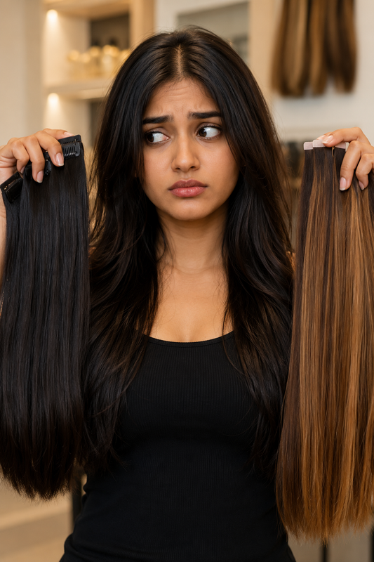 Indian woman comparing human hair extensions before buying, showcasing Remy hair extensions, clip-in hair extensions, and permanent hair extensions.