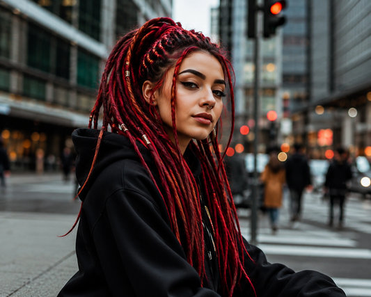 Modern woman in a city street wearing stylish red dreadlocks, showcasing a bold urban hairstyle with trendy locs, fashionable outfit, and contemporary street style hair inspiration.
