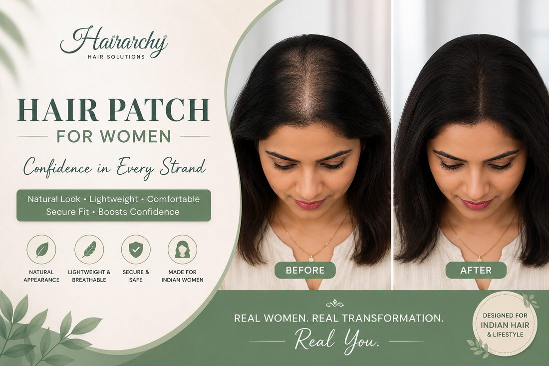 Hairarchy Hair Patch for Women Before and After Transformation – Indian woman showing natural-looking hair volume enhancement with a realistic hair patch solution for thinning hair, featuring the Hairarchy Hair Extensions logo.