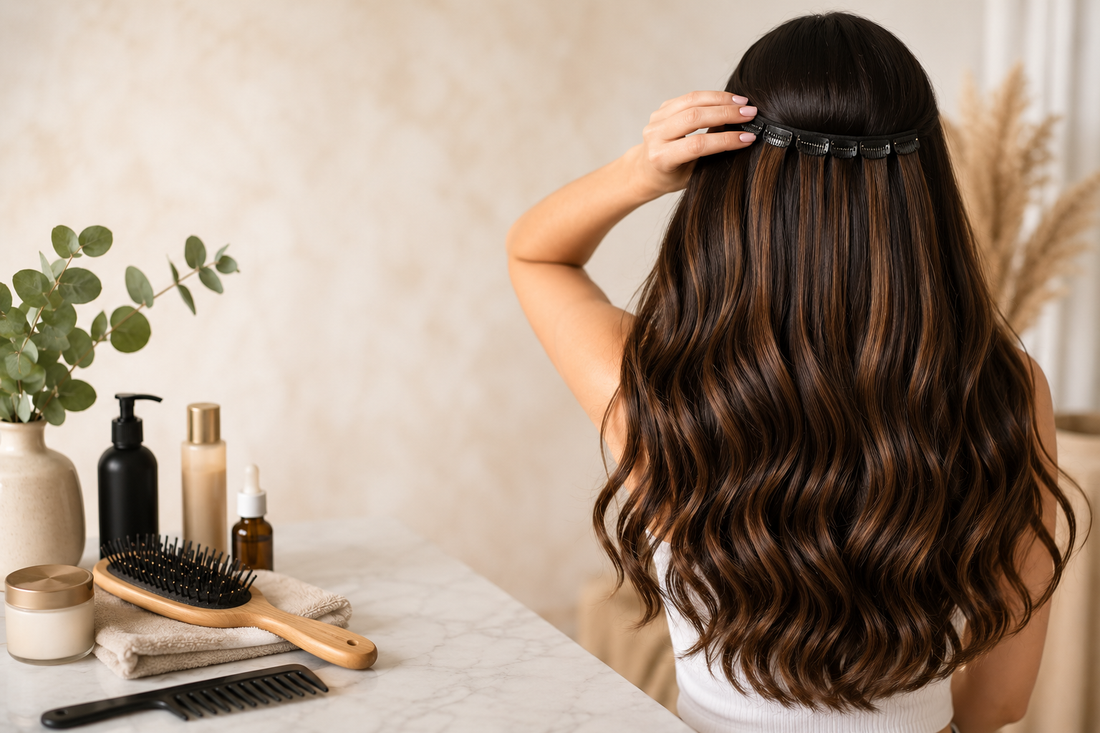 Softly lit image of a woman with long wavy hair extensions, showcasing healthy glossy hair in a minimalist beauty setup with hair care products, combs, and brushes on a marble table.