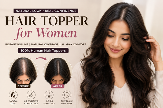 Natural-looking human hair topper for women with before and after crown coverage transformation, showcasing instant volume, scalp coverage, and seamless blend for thin hair.