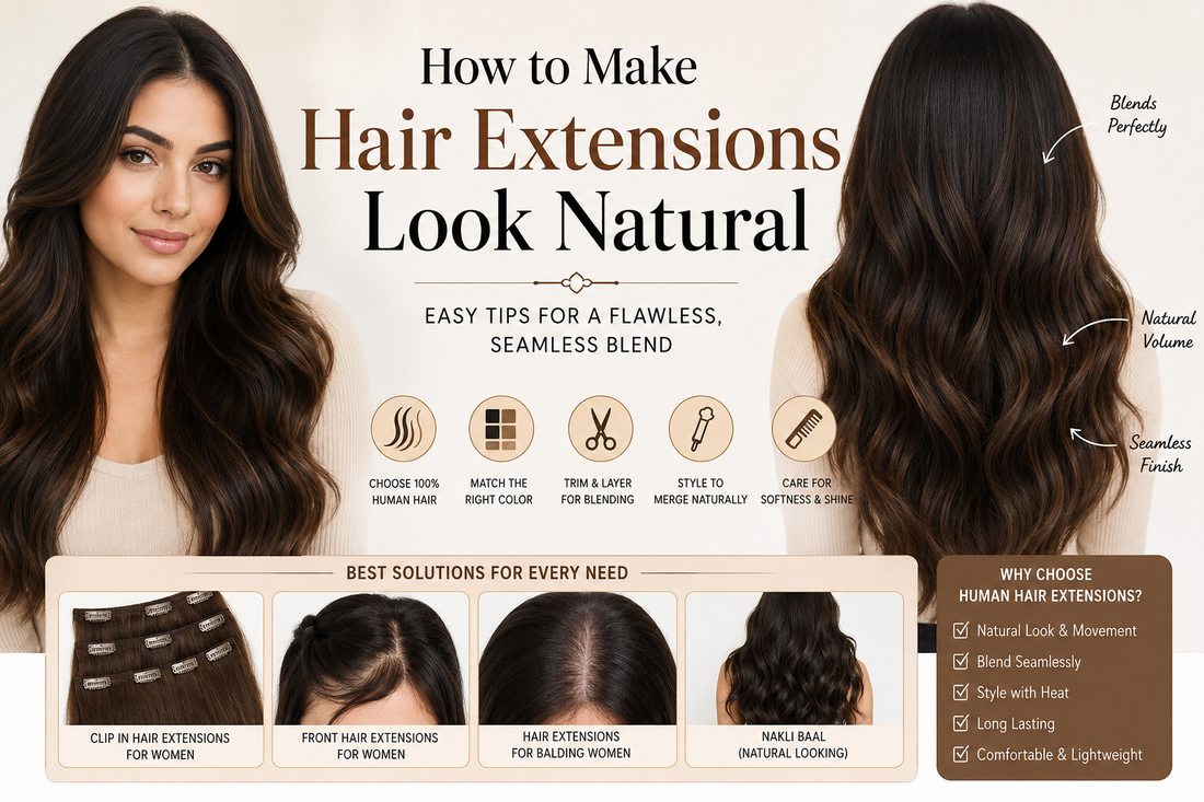 Natural-looking human hair extensions for women with seamless blending, clip-in extensions, front hair extensions, and volume solutions for thin hair and balding women.