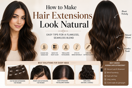 Natural-looking human hair extensions for women with seamless blending, clip-in extensions, front hair extensions, and volume solutions for thin hair and balding women.