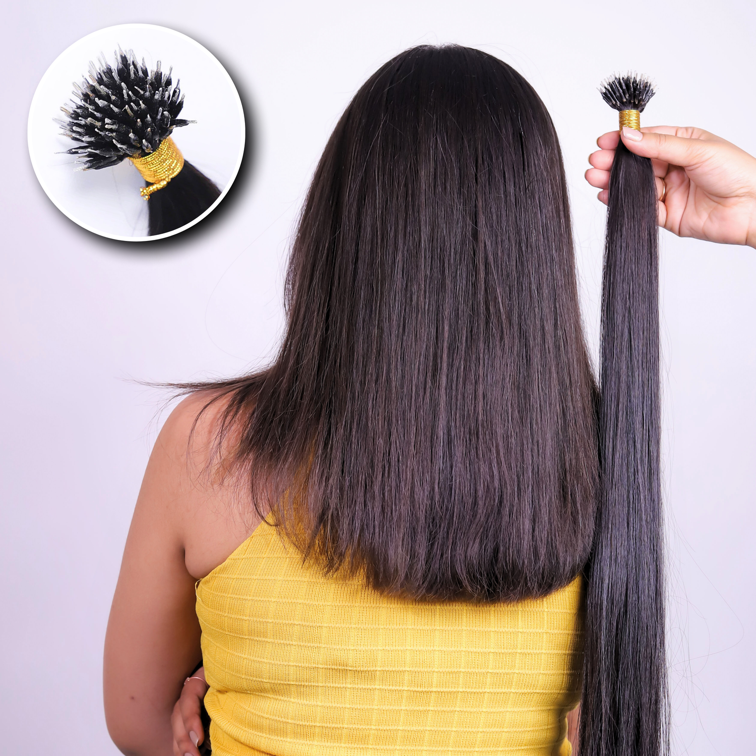 Premium nano tip permanent human hair extensions for natural volume and length