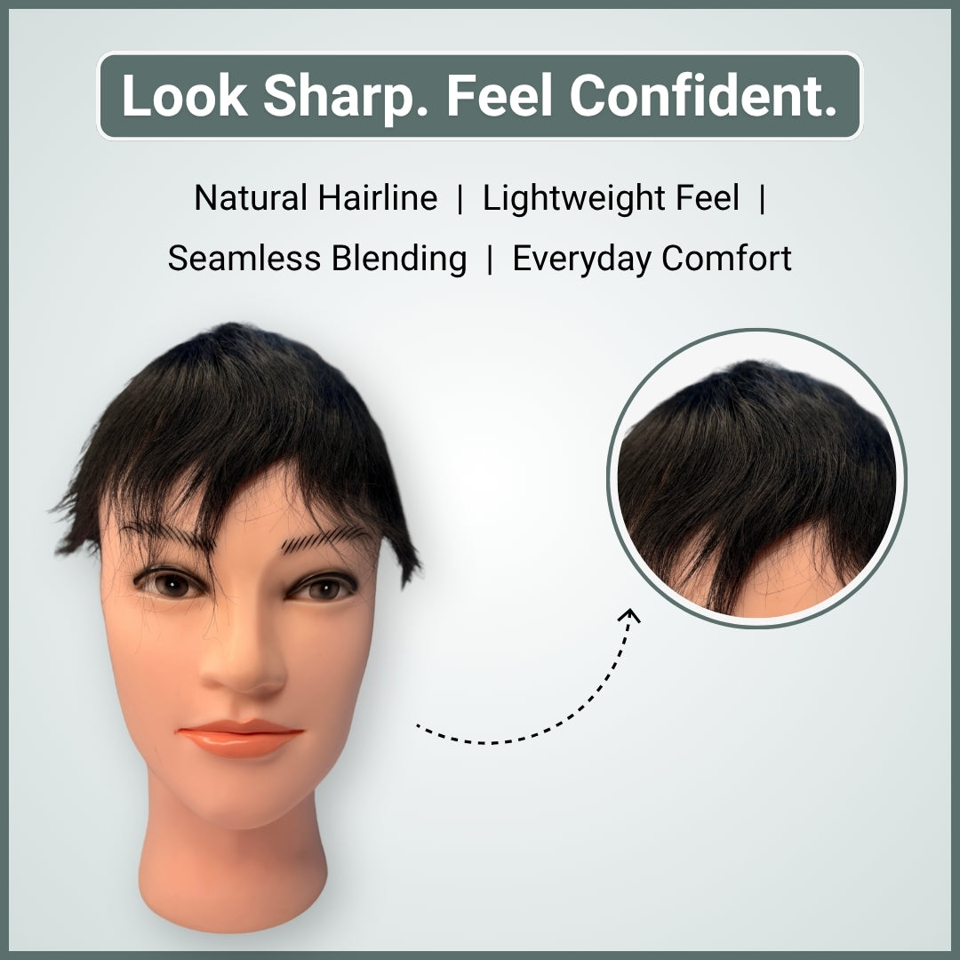 Mannequin head with black hair styled in a fringe, featuring text about hair product benefits on a light gray background.