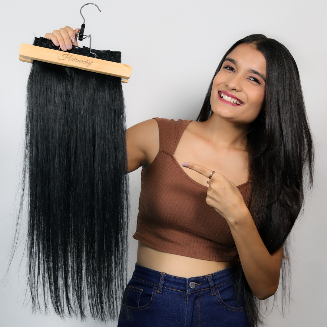 Jet black 7-piece clip-in human hair extensions for natural volume