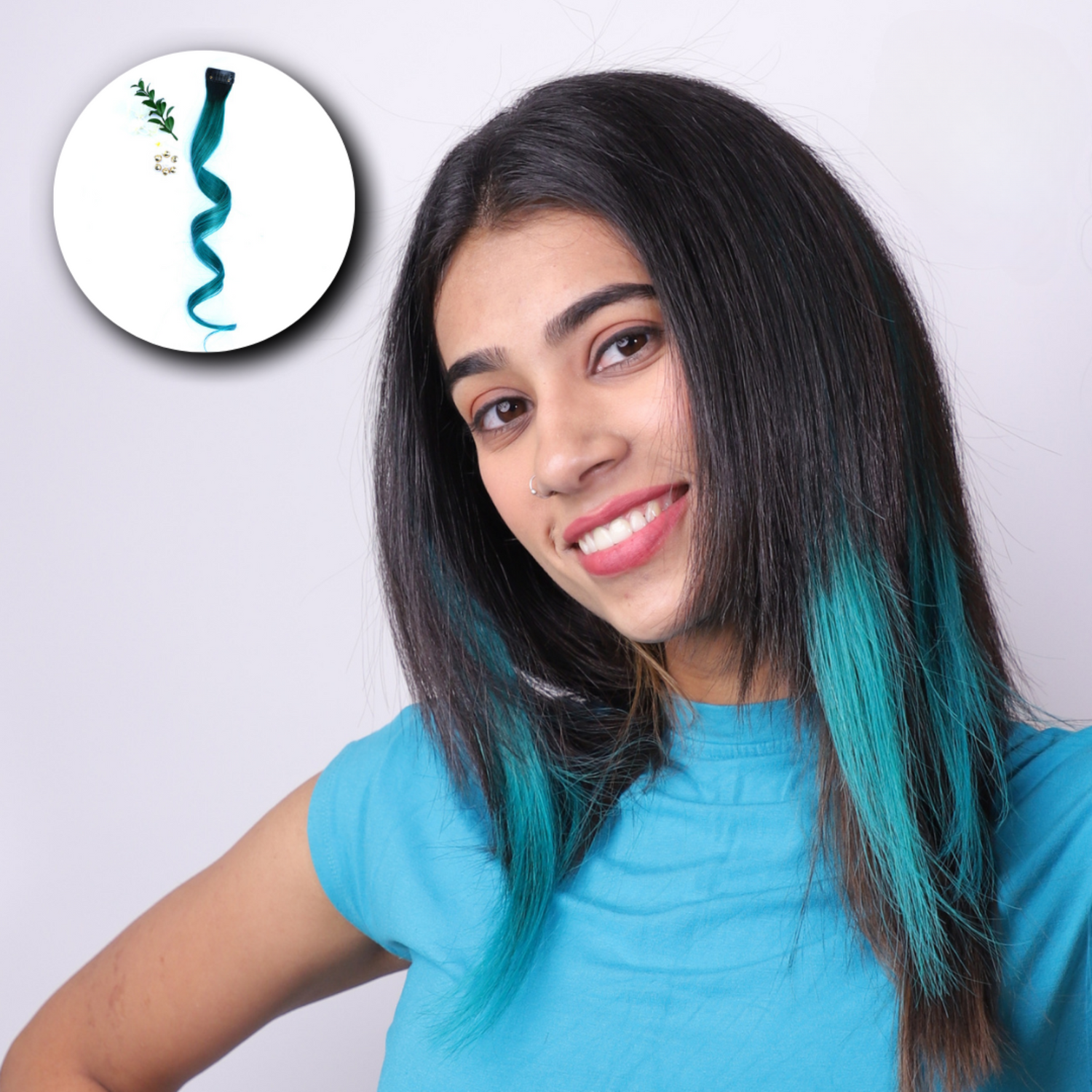 Teal clip-in streak hair extension for vibrant color highlights